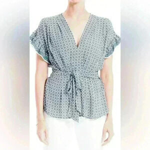 NWT Max Studio Crepe Tie Front Ruffle Sleeve Peasant Kimono Elastic Waist Blouse
